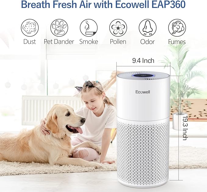 Air Purifiers for Home Large Room Cover 1640 sq.ft, Air Purifiers for Bedroom H13 True HEPA Filter Air Cleaner to Removes 99.97% Mold Pollen Smoke Pet Dander Dust Odor, ECOWELL Model: EAP360