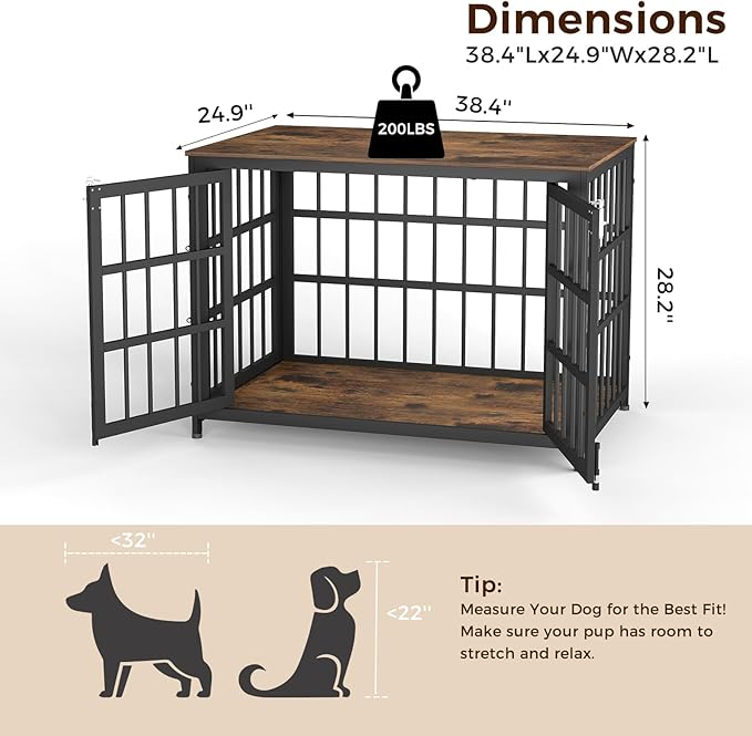 38 Inch Heavy Duty Wooden Dog Kennel End Table with Double Door Design and Secure Locks, Indoor Pet Crate Furniture for Medium Dogs, Decorative Home Cage Design,Aged Black