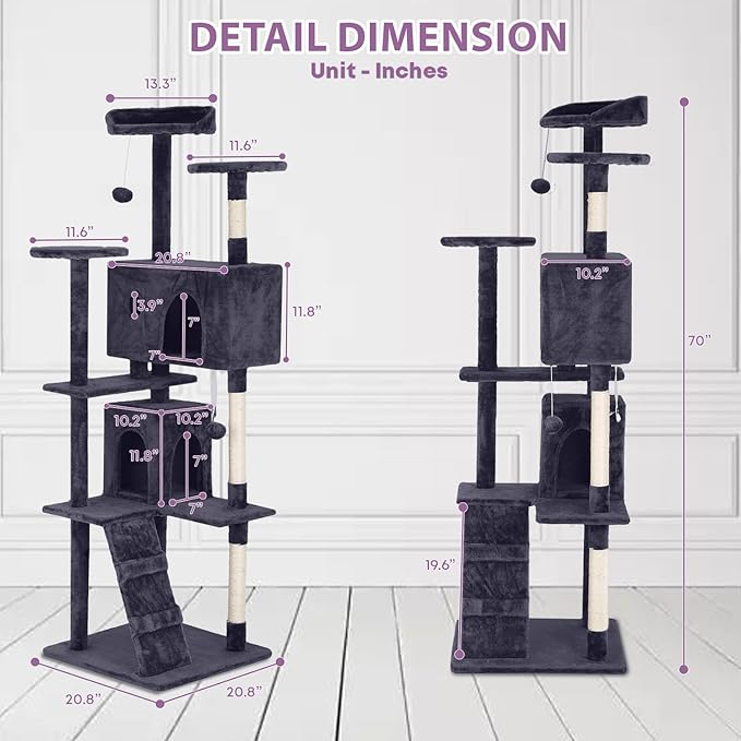 70 Inches Cat Tower for Indoor Cats, Multi-Level Cat Condos with Scratching Posts, Hanging Toys, Ashy