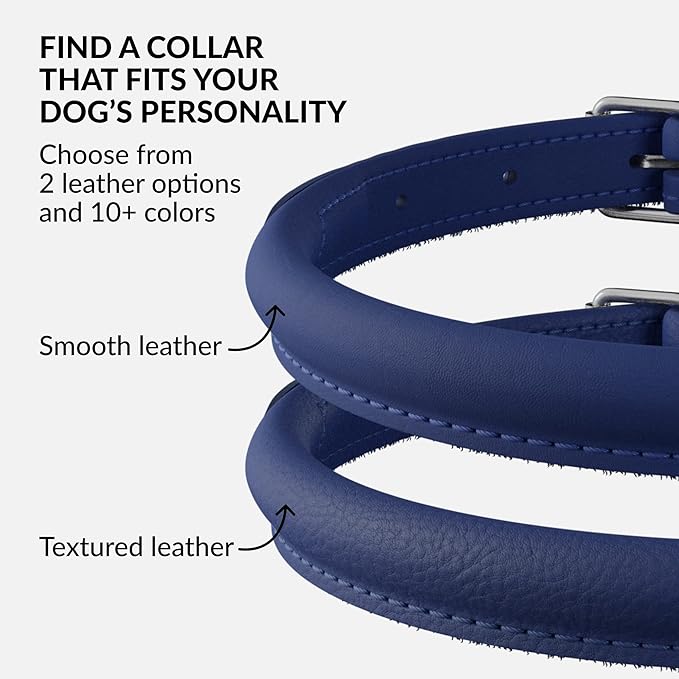 CollarDirect Rolled Leather Dog Collar, Soft Padded Round Puppy Collar, Handmade Genuine Leather Collar Dog Small Large Cat Collars 13 Colors (11-14 Inch, Deep Blue Smooth)