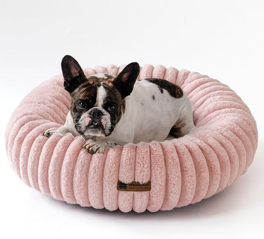 MEWOOFUN Donut Dog Beds for Small Dog, Calming Bed Round Cute Puppy Bed with Non-Slip Bottom, Fluffy Washable Pet Bed for Puppy and Kitten (Pink, M (30x30x8))