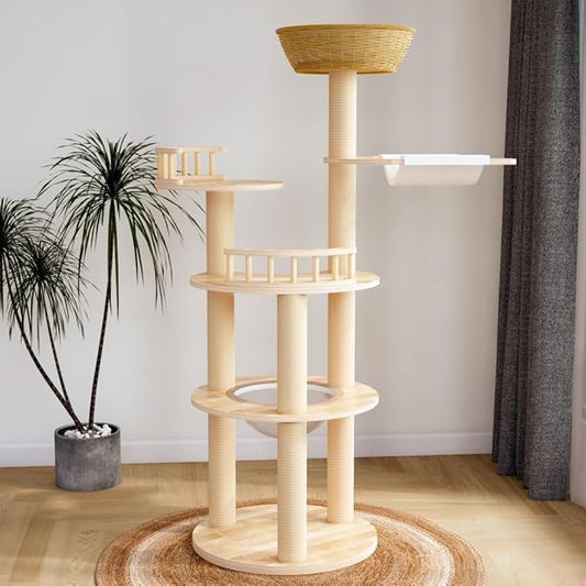 Modern Wood Cat Tree for Large Cats,Luxury Rattan Oak Cat Trees Towers，Rattan Cat Tree with Capsule &Hammock，3 Weaving Cat Nests & Washable, Sisal Scratching Posts, for Indoor Cats, (Large 02)