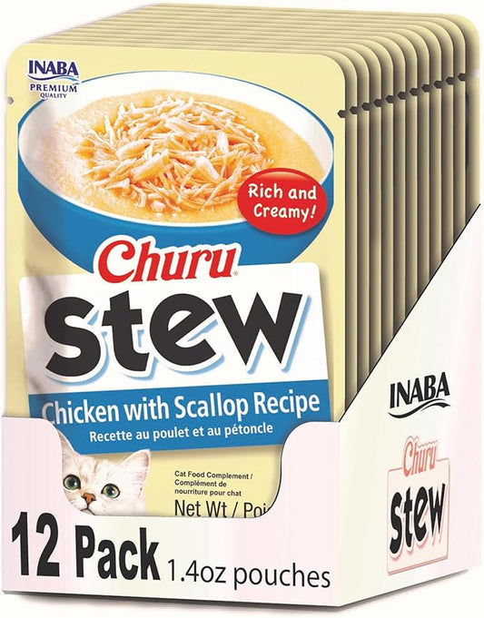 INABA Churu Stew for Cats, Side Dish Pouch with Vitamin E, 1.4 Ounces per Pouch, 12 Pouches, Chicken with Scallop Recipe