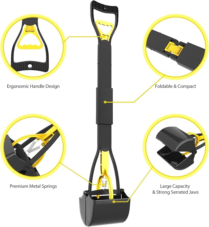 32" Heavy Duty Dog Pooper Scooper for Large Dogs, Extra Long Handle Foldable Poop Pick Up Tool with Durable Spring, Great for Yard, Lawns, Grass, Dirt, Gravel