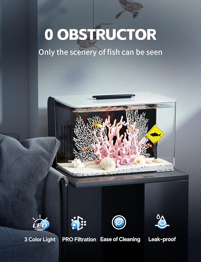 Betta Fish Tank, 2.5 Gallon Aquarium Kit with Filter, Light, Self Cleaning, Oxygenation, Small All in One Starter Fish Tank for Goldfish, Guppy, Shrimp, Desktop, Acrylic