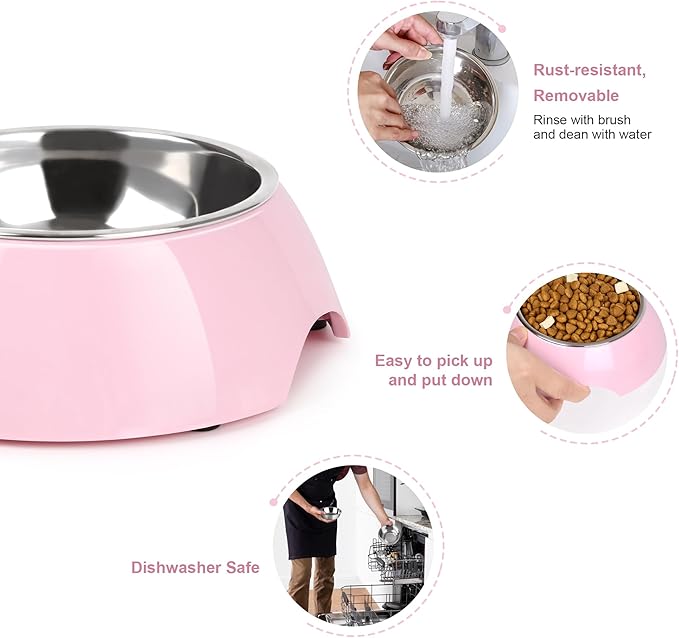Double Dog Bowls Set – Non-Slip Pet Food & Water Dishes with Resin Stand, Includes Small (1 Cup) & Medium (2 Cups) Bowls – Ideal for Puppies, Cats, and Medium Dogs – Pink