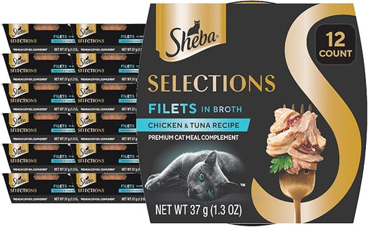Sheba Selections Filets in Broth Adult Wet Cat Meal Complement Chicken & Tuna Recipe, 1.3 oz. Cups, 12 Count