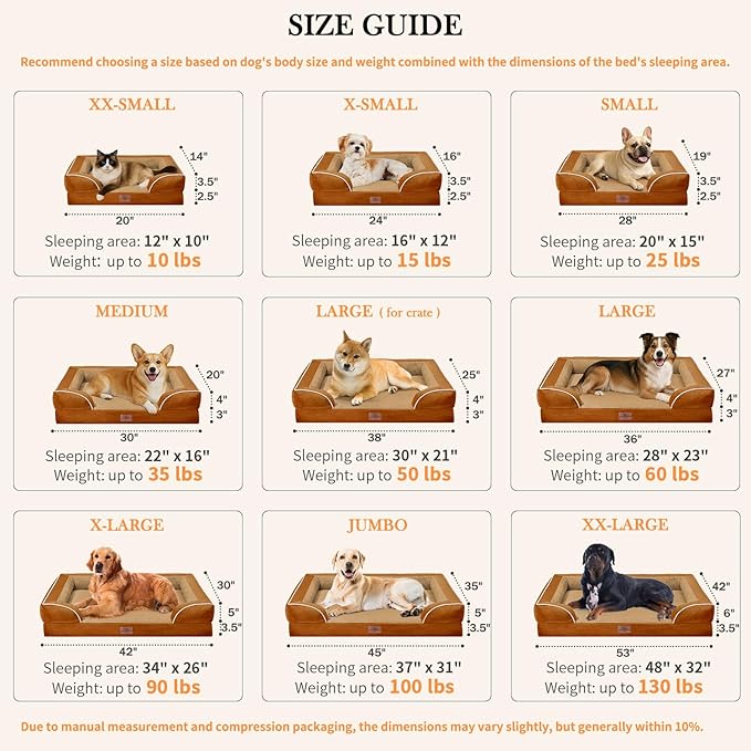 Comfort Expression Small Dog Beds Waterproof Cat Beds Orthopedic Foam Sofa Beds for Small Dogs Comfy Pet Bed with Washable Removable Cover & Non-Slip Bottom(XX-Small,Caramel)