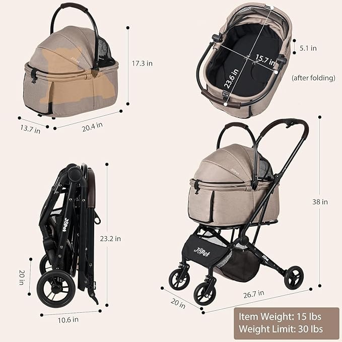 Pet Stroller for Small and medlium Dogs, Dog, Cat, Foldable carts, Carrier, One-Hand Automatic Folding, Puppy Stroller, Detachble Carrier (Nimbus Grey)