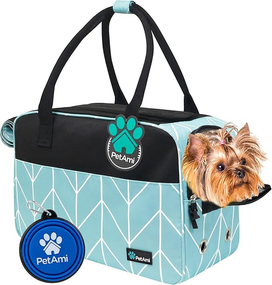 PetAmi Dog Purse Carrier for Small Dogs, Airline Approved Soft Sided Pet Carrier with Pockets, Ventilated Dog Carrying Bag for Puppy Cat, Dog Travel Supplies Bag, Sherpa Bed, Max 12 lbs, Chevron Teal