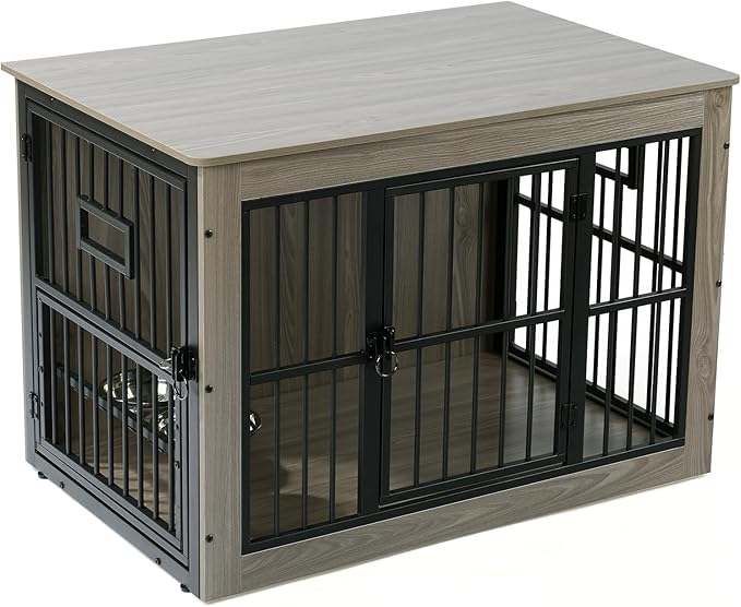 Gardner Pet Dog Crate Furniture for Medium Dogs, 38.8 Inch Dog Kennel Indoor, Wooden Dog Cage End Table with 2 Removable Bowls, Heavy Duty Dog Crate, Rustic Grey