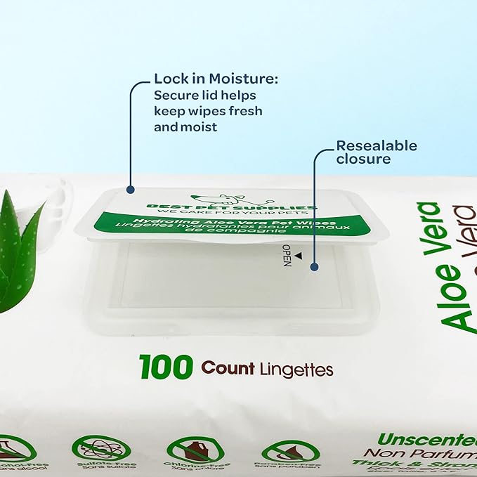 Best Pet Supplies Pet Wipes for Dogs - Dog Wipes Cleaning Deodorizing, for Coats, Ears, Paws - Hydrating, Aloe Vera