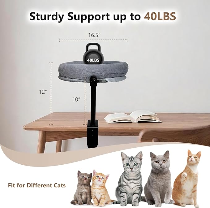 Cat Desk Bed with Summer Colling Mat, 360° Rotating & Height Adjustable Indoor Cat Nest, Large Desktop Cats Perch for Home Offcice Space Saving, Supports Up to 40 lbs, Machine Washable Removable Cover