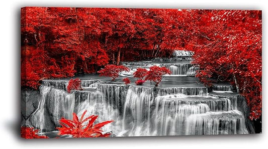 Yxbhhym Black White and Red Waterfall Canvas Wall Art- Red Tree Prints Landscape Posters Framed Picture - Nature Forest Scenery Paintings for Living Room Bedroom Home Office Wall Decor- Large