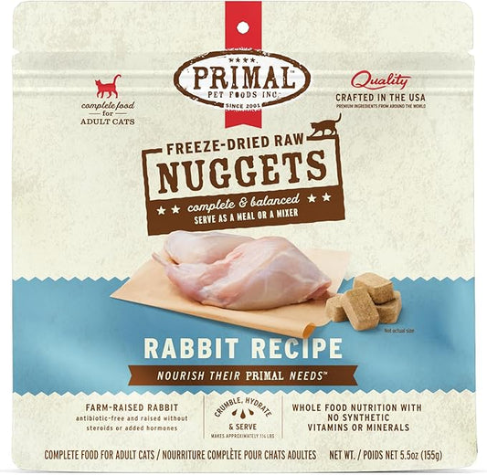 Primal Freeze Dried Raw Cat Food Nuggets Rabbit, Complete & Balanced Meal or Topper, Premium, Healthy, Grain Free, High Protein Raw Cat Food with Probiotics (5.5 oz)