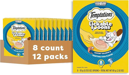 Temptations Lickable Spoons Adult Wet Cat Treat, Savory Salmon and Tempting Tuna Flavor, 8 Spoons, Pack of 12 (96 Total)