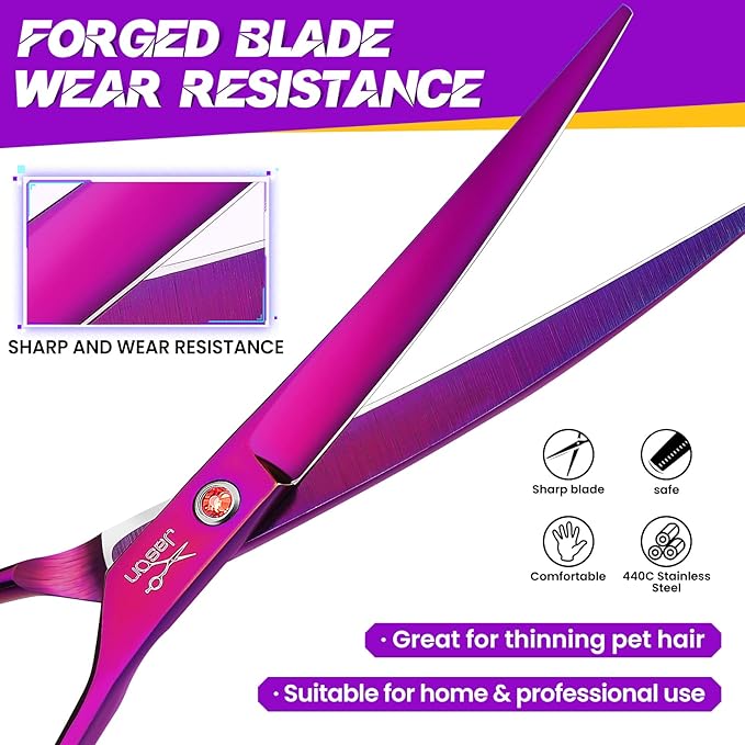 JASON Curved Shears for Dogs - 7.5" Pet Grooming Scissors with Ergonomic Handle Japanese Stainless Steel Trimming Scissor for Dogs, Cats and Other Pets, Sharp (Up-Curved, Purple)