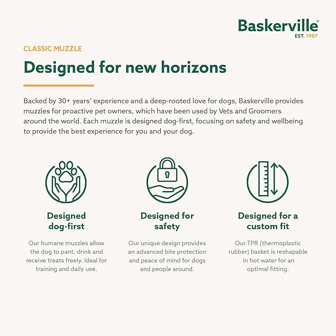 Baskerville Classic Basket Muzzle - Dog can Pant and Drink, Prevents Biting and Food Waste Scavenging, Strong TPR, Ideal for Longer Nosed Dogs, Breathable Dog Training Muzzle for Medium Dogs (Size 4)