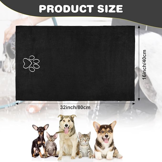 Chumia 4 Pack Dog Towels for Drying Large Microfiber Grooming Tools Absorbent Soft Bath Supplies with Embroidered Paw for Small Medium Pet Products(16 x 32 Inch,Black)