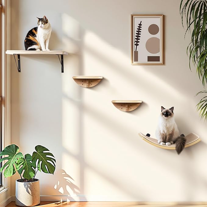 Cat Wall Shelves with Sisal Pads, 4-Piece Wooden Cats Furniture Set with Cat Window Perch, Flat Shelf & Sisal-Clad Steps for Climbing and Scratching