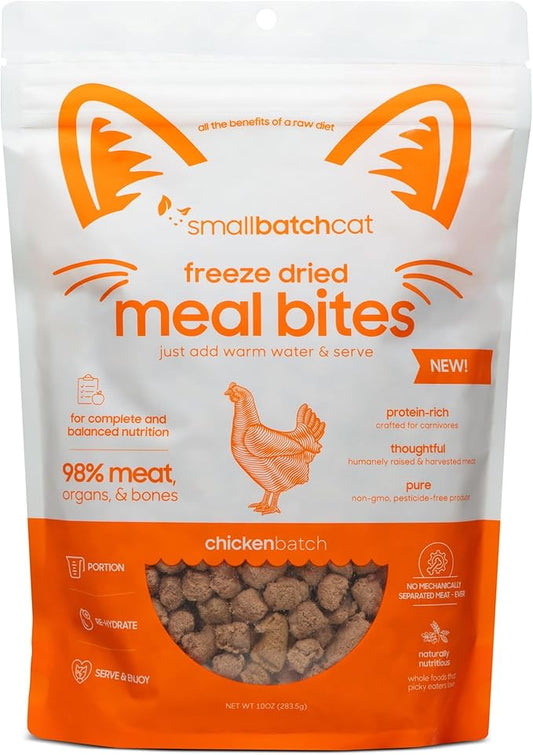 smallbatch Pets Freeze Dried Cat Treats, Raw Dry Cat Food Bites, Chicken Recipe, High Protein Food Topper or Training Treats for Cats, Humanely Sourced Meat, Made in The USA, Non GMO, 10 oz Bag