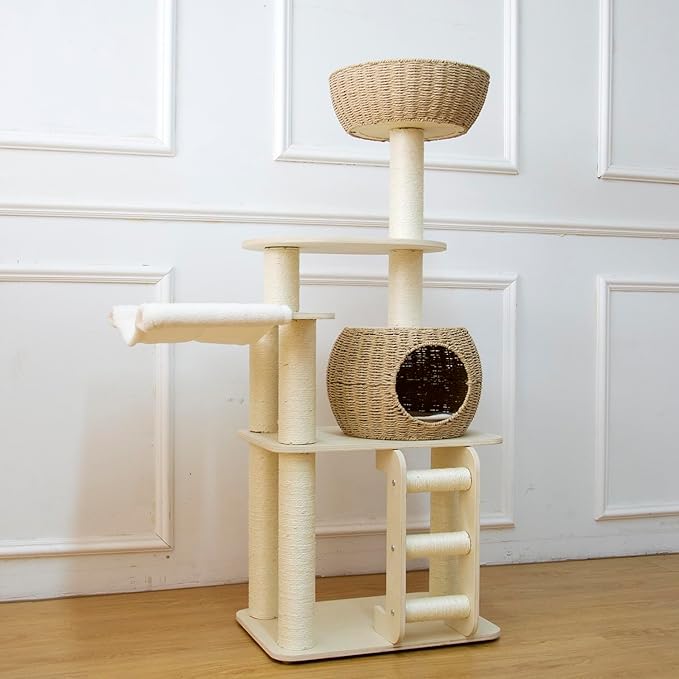54 Inch Cat Tree for Indoor Cats, Tall Wooden Cat Tower with Scratching Posts, Rattan Condo and Perch, Multi-Level Cat Climber, Stylish Pet Furniture