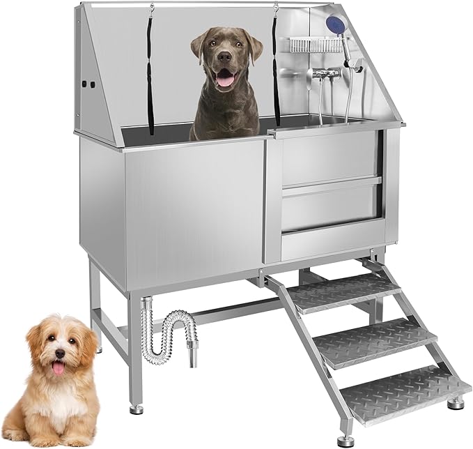 50" Dog Washing Station, Professional Stainless Steel Dog Bathing Station, Equipped/W Three Anti-Slip Steps, Removable Door, Upgraded Spray Nozzle&Hose - for Home, Pet Grooming Salon (50" Right ramp)