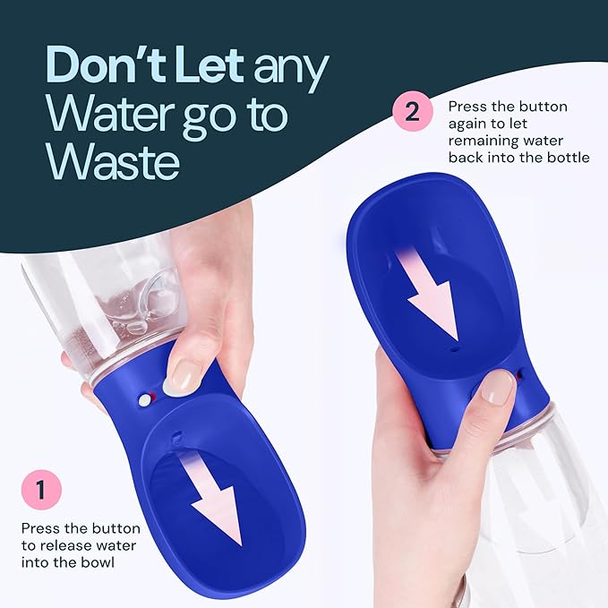 MalsiPree Dog Water Bottle Portable - 19 Oz, Navy Blue - Leak-Proof One-Hand Hydration Valve with Built-in Bowl - Travel Dog Water Bowl & Pet Bottle Dispenser