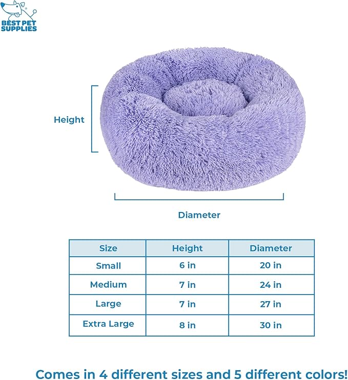 Best Pet Supplies Round Donut Dog Bed with Plush Faux Fur Fabric, Calming, Anti-Anxiety Cushion for Indoor Pets, Slip-Resistant Base, Soft Ergonomic Support - Lavender, 20x20x6''