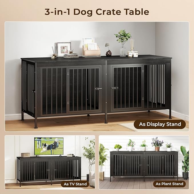 78 Inch Dog Cage Furniture for 2 Large/Medium Dogs with Removable Divider, Extra Large Double Doors Dog Kennel, XXL Thick Wooden Dog cage Furniture, Durable and Sturdy, Dark Grey