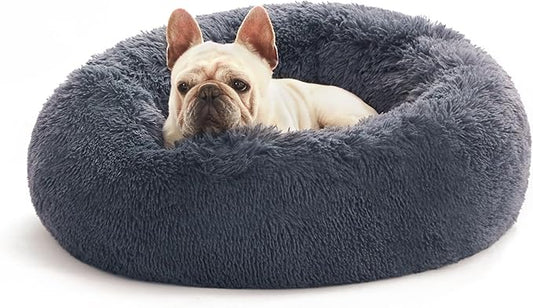 Love's cabin Calming Cat Bed for Indoor Cats, Anti-Anxiety Donut Round Dog Bed, Fluffy Faux Fur Washable Pet Bed for Small Medium Dogs and Cats,Bluish Grey,20in