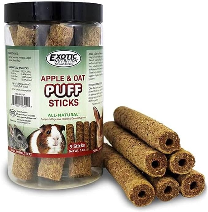 Apple & Oat Puff Sticks (6 oz.) - Healthy Natural High Fiber Chew Treat Made with Oat Hay - Rabbits, Guinea Pigs, Hamsters, Chinchillas, Degus, Prairie Dogs, Squirrels, Skunks, Opossums, Small Pets