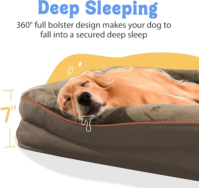 Washable Orthopedic Large Dog Bed - Big Dog Beds with Removable Waterproof Cover and Non-Slip Bottom XL Large Pet Beds with Bolster Extra Large Dogs Bed
