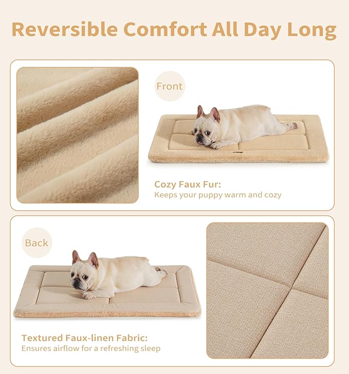 Made4Pets Dog Crate Pad Bed for Medium Large Dogs, Washable & Reversible, Anti-Slip Kennel Mat for Cozy Sleeping, Soft Fluffy Dog Bed for Indoor & Outdoor Use, 35"x23", Khaki