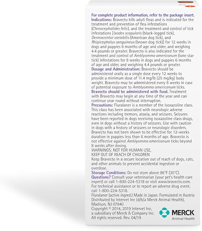 BRAVECTO Chew for Dogs, Flea & Tick, 1 Chew, 12 Week Supply, 9.9-22 lbs., Orange Box