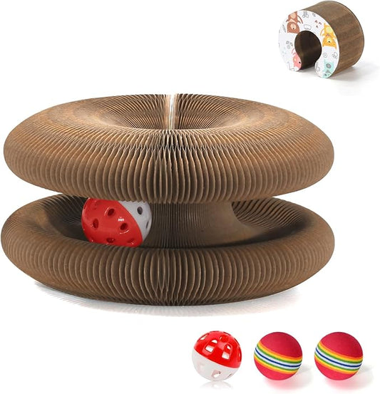 Magic Organ Cat Scratcher Board with 3 Balls, Foldable Recyclable Accordion Cats Toy with Ball and Track Adventure, Cat Scratching Pad, Retractable Reversible Furniture Protector(Brown)