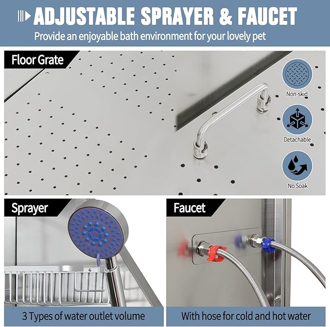 50" Dog Washing Station, Professional Stainless Steel Dog Bathing Station, Equipped/W Three Anti-Slip Steps, Removable Door, Upgraded Spray Nozzle&Hose - for Home, Pet Grooming Salon (50" Right ramp)