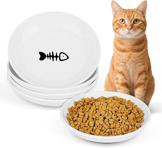 Ceramic Cat Food Bowls - 4 Pack Shallow Plates for Wet Food, Whisker-Friendly Feeding Dish with Non-Slip Silicone Base, Microwave & Dishwasher Safe for Indoor Cats & Kittens