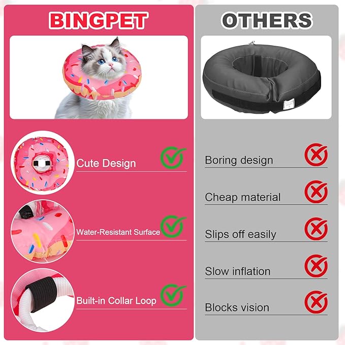 BINGPET Cat Cone Collar Soft,Waterproof Cat Recovery Collar to Stop Licking,Cute Donut Elizabethan e Collar for Cats Kittens Puppies Wound Healing After Surgery(Donut Pink,Medium)