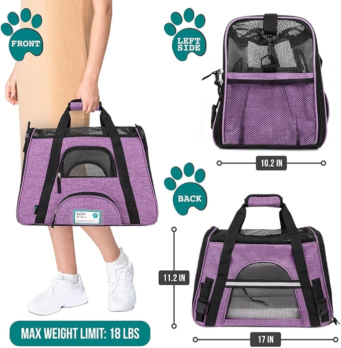 PetAmi Airline Approved Pet Carrier for Cat, Soft Sided Dog Carrier for Small Dog, Cat Travel Supply Accessories Indoor Cat, Ventilated Pet Carrying Bag Medium Large Kitten Puppy, Small Heather Purple