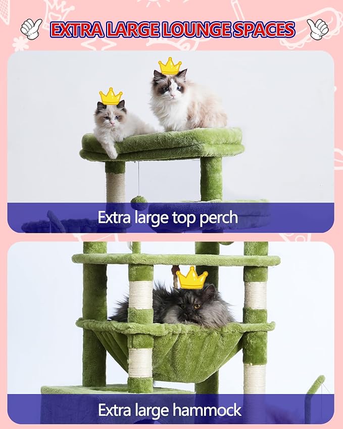 Cat Tree, Cat Tower for Large Cats with 2 Big Platforms, 2 Baskets, condo and Toys, 63" Cat Scratching Posts for Indoor Cats, Green GCT020GR