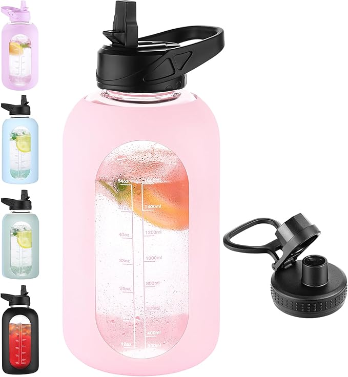 64 oz Glass Water Bottle With Straw and Handle, Half Gallon Sports Motivational Water Jug Flask with Silicone Sleeve, Large Water Cup with Time Marker for Travel, Gym, Blush
