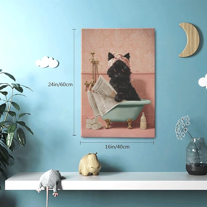 Cat Bathroom Wall Decor Black Cat Reading Newspaper in Bathtub Canvas Wall Art Funny Bathroom Pictures Kitten Painting Print Pink Artwork Framed Decorations Gifts 16"x24"