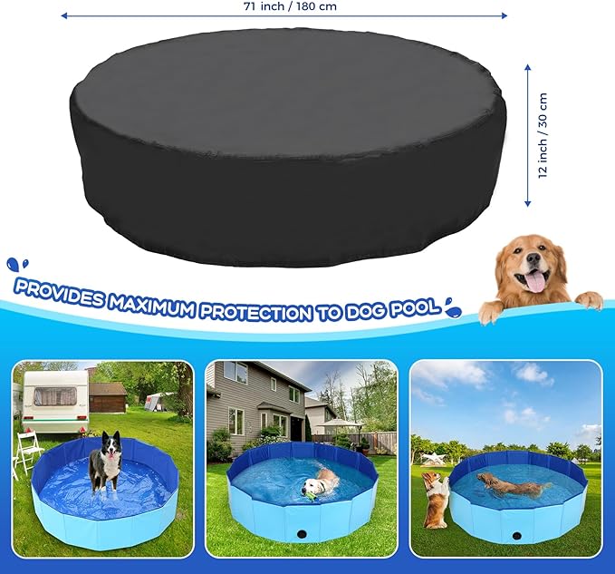 71 inch Dog Pool Cover, Portable Round Collapsible Bathing Tub Kiddie Pool Cover with Oxford Cloth Material and Drawstring Design, Waterproof and Dustproof (Black) - Only Cover…