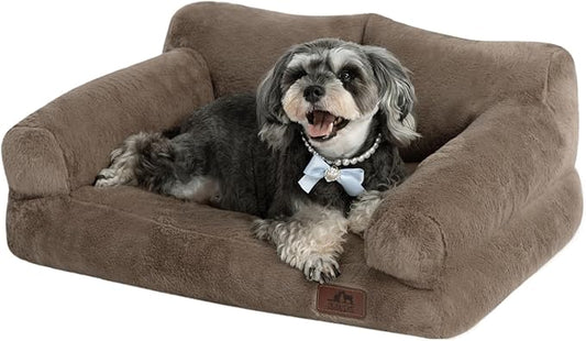 Hollypet Fluffy Plush Pet Sofa Soft Calming Pet Sofa Beds for Medium Small Cats and Dogs, Dark Brown