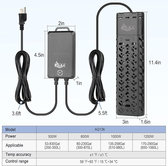 AQQA Fish Tank Heater 1200W for 170-290 Gallon Submersible Aquarium Heater Pond Heater Thermostat Heater with Intelligent Protection System for Freshwater and Saltwater (AQ136-1200W for 170-290Gal)