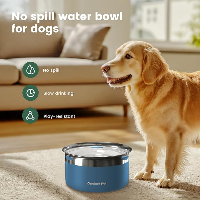 Gardner Pet Dog Bowls 1 Gallon (3.85L) Stainless Steel No Spill Dog Water Bowl, Slow Water Feeder Metal Bowls, Spill Proof Water Dispenser for Large Dogs, Promotes Healthy Hydration
