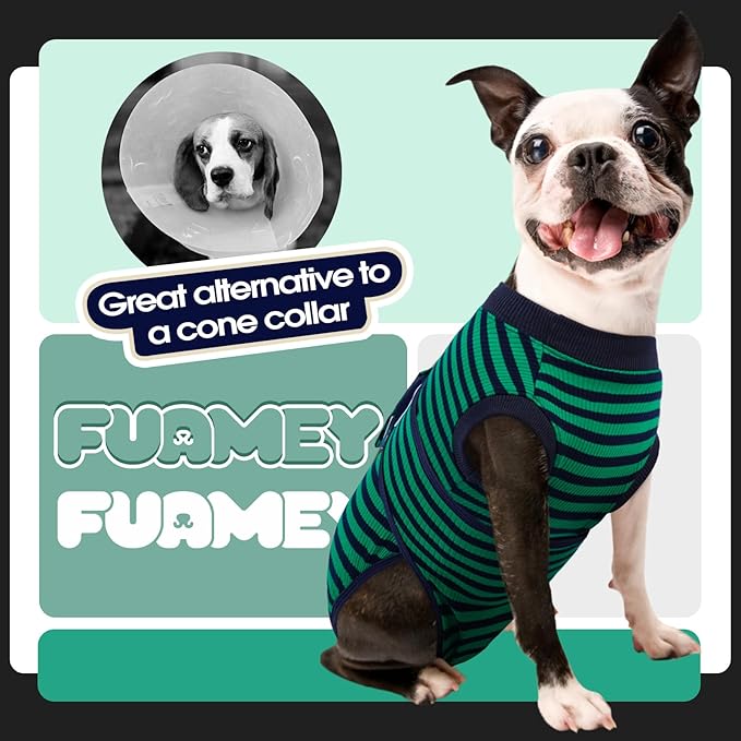 FUAMEY Recovery Suit for Dogs After Surgery,Soft Breathable Dog Bodysuit E-Collar & Cone Alternative Surgical Suit,Male Female Dog Neuter Spay Suits Anti Licking Wounds Onesie Green Black Stripes L