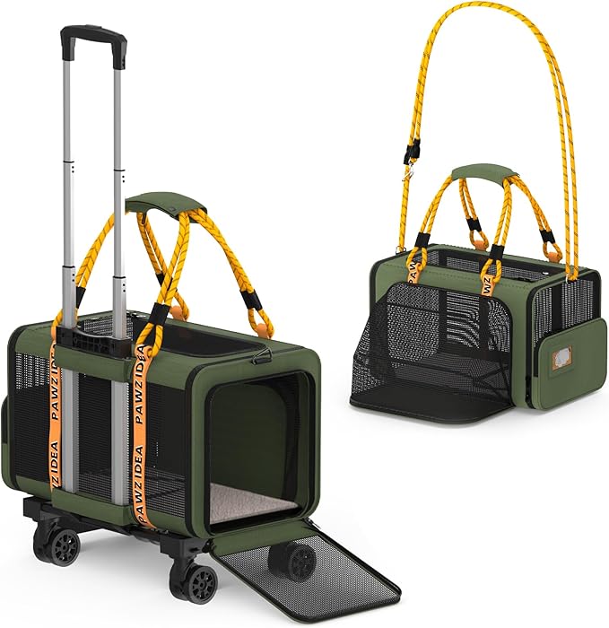 PAWZIDEA Pet Carrier with Wheels, 18x11x11 TSA Airline Approved Cat Carrier for 2 Cats Under Seat, Expandable Soft-Sided Dog Carrier for Small Dogs Rolling Travel Bag with Telescopic Handle, Foldable