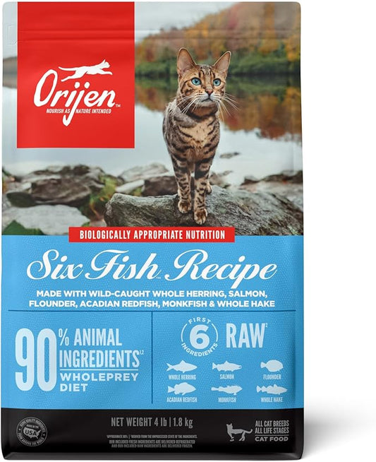 ORIJEN Grain Free High Protein Premium Dry Cat Food Six Fish Recipe 4lb Bag